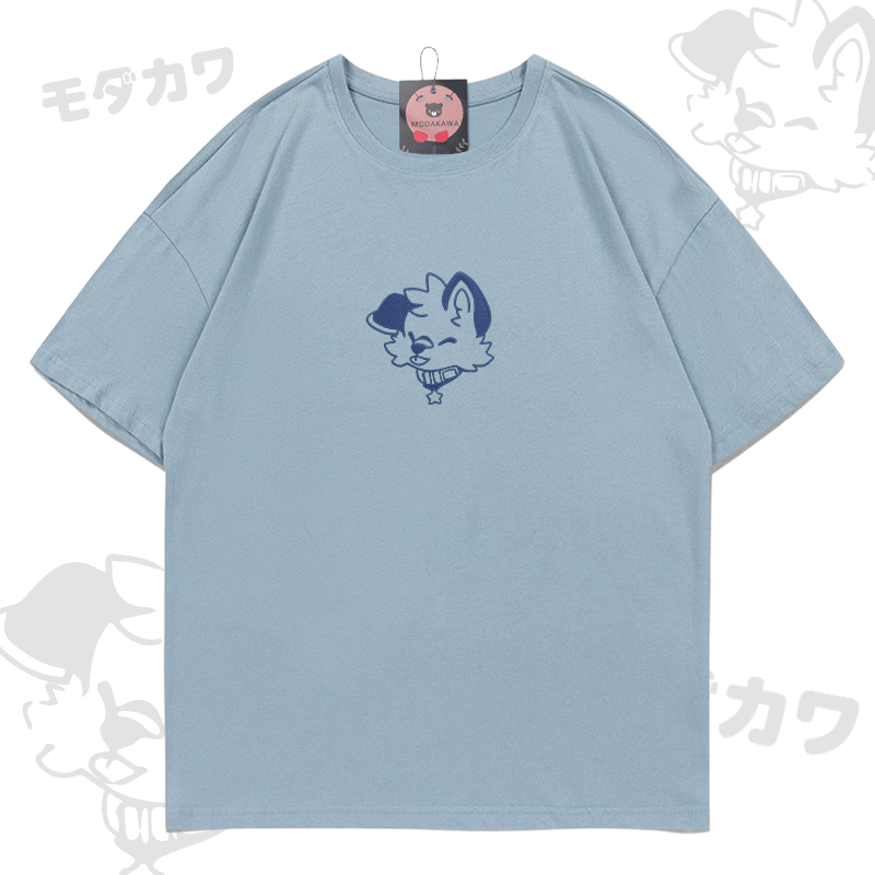 MODAKAWA X popipeko Besticktes T-Shirt aus Baumwolle mit fröhlichem Welpenmotiv - Dusty Blue - 5XL - image 2