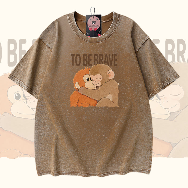 MUTIG SEIN Umarmender Affe Modakawa Vintage gewaschenes T-Shirt aus 100 % Baumwolle - Brown - 5XL - image 1
