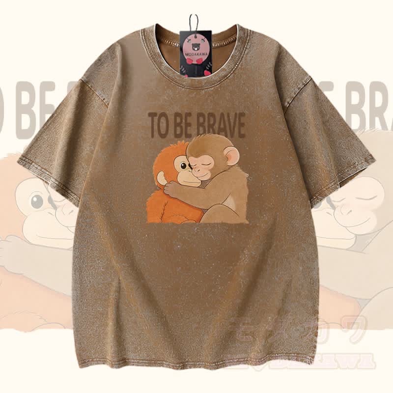 MUTIG SEIN Umarmender Affe Modakawa Vintage gewaschenes T-Shirt aus 100 % Baumwolle - Braun - 5XL - image 1