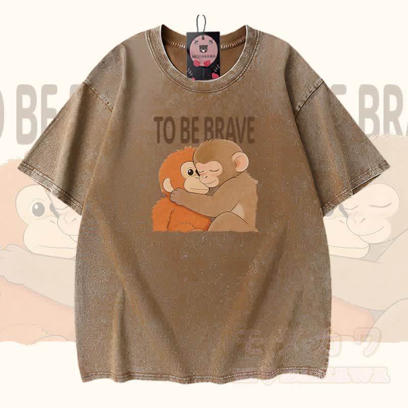 MUTIG SEIN Umarmender Affe Modakawa Vintage gewaschenes T-Shirt aus 100 % Baumwolle - Braun - 5XL - image 1