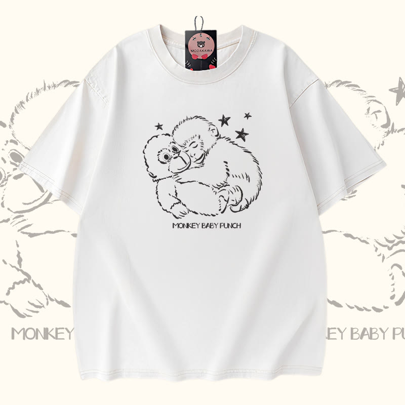 MONKEY BABY PUNCH Modakawa Vintage Washed 100% Cotton T-Shirt - White - 5XL - image 1