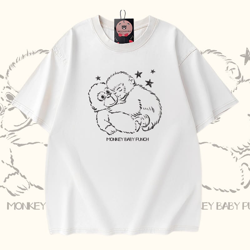 MONKEY BABY PUNCH Modakawa Vintage Washed 100% Cotton T-Shirt - White - 5XL - image 1