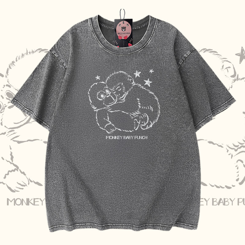 MONKEY BABY PUNCH Modakawa Vintage Washed 100% Cotton T-Shirt - Grey - 5XL - image 5