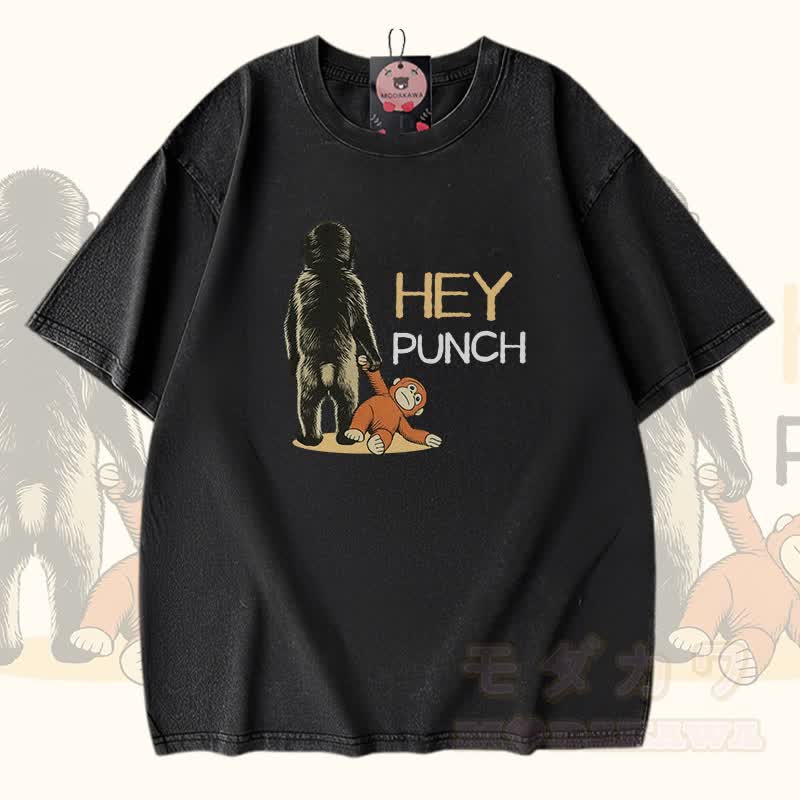 HEY PUNCH Monkey Modakawa Vintage Washed 100% Cotton T-Shirt - Schwarz - 5XL - image 2