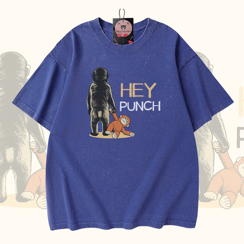HEY PUNCH Monkey Modakawa Vintage Washed 100% Cotton T-Shirt - Blue - 5XL - image 1