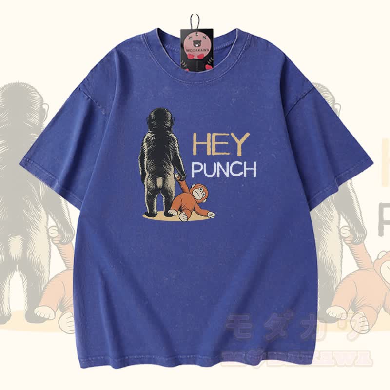 HEY PUNCH Monkey Modakawa Vintage Washed 100% Cotton T-Shirt - Blau - 5XL - image 1