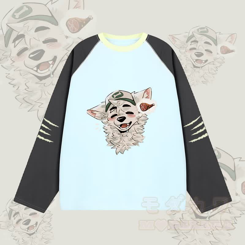 MODAKAWA X atka Fox Wants Meat Grafik- Farben Raglan Langarm-T-Shirt - Blau - 2XL - image 1