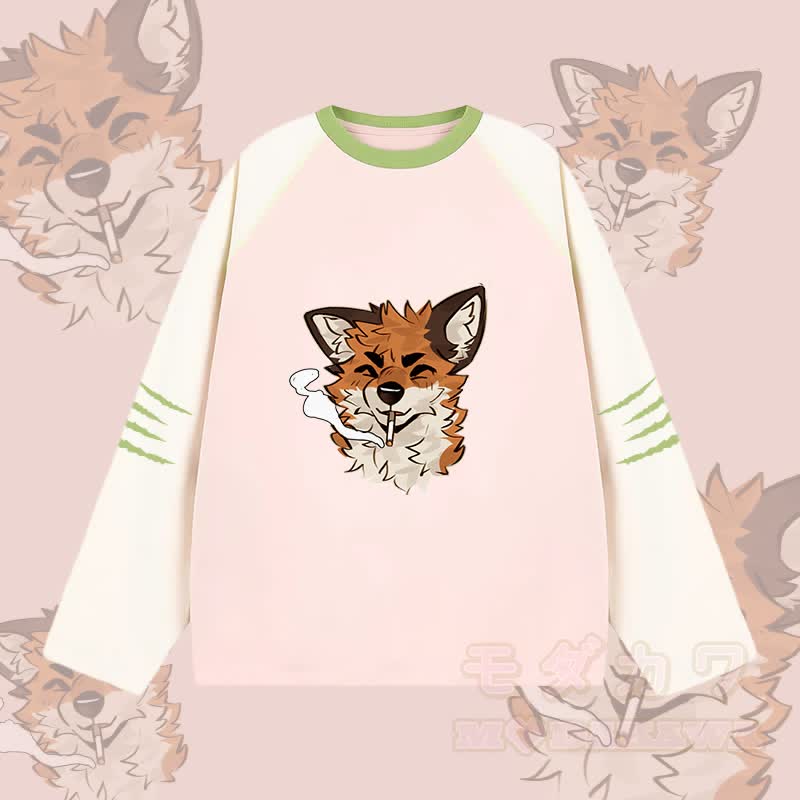 MODAKAWA X atka Fox Smoking Graphic Farben Block Raglan Sleeve Long Sleeve T-Shirt - Rosa - 2XL - image 2