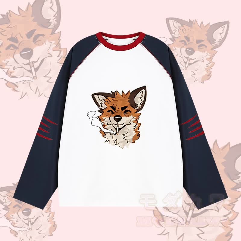 MODAKAWA X atka Fox Smoking Graphic Farben Block Raglan Sleeve Long Sleeve T-Shirt - Weiß - 2XL - image 1