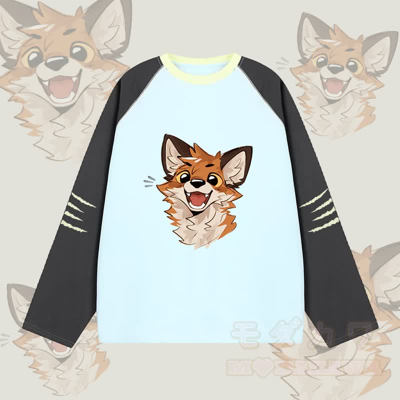 MODAKAWA X atka Cheerful Fox Graphic Farben Block Raglan Sleeve Long Sleeve T-Shirt - Blau - 2XL - image 1
