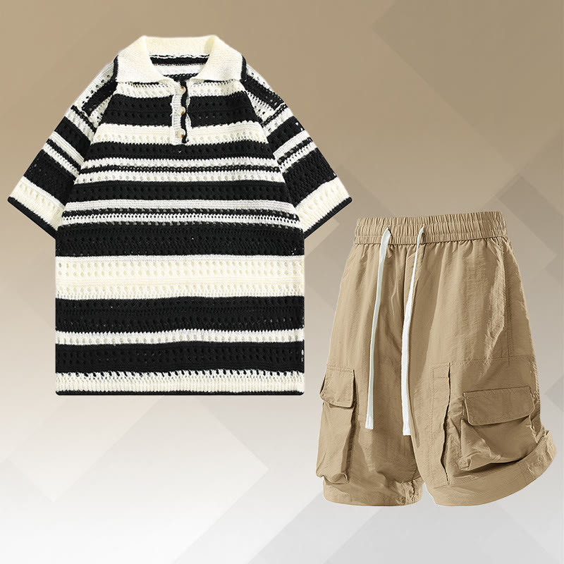 Gestreiftes Poloshirt aus offenem Strick, schnelltrocknende Cargoshorts mit Kordelzug, passendes Outfit von Modakawa - Two Pieces Set B - 2XL - image 2