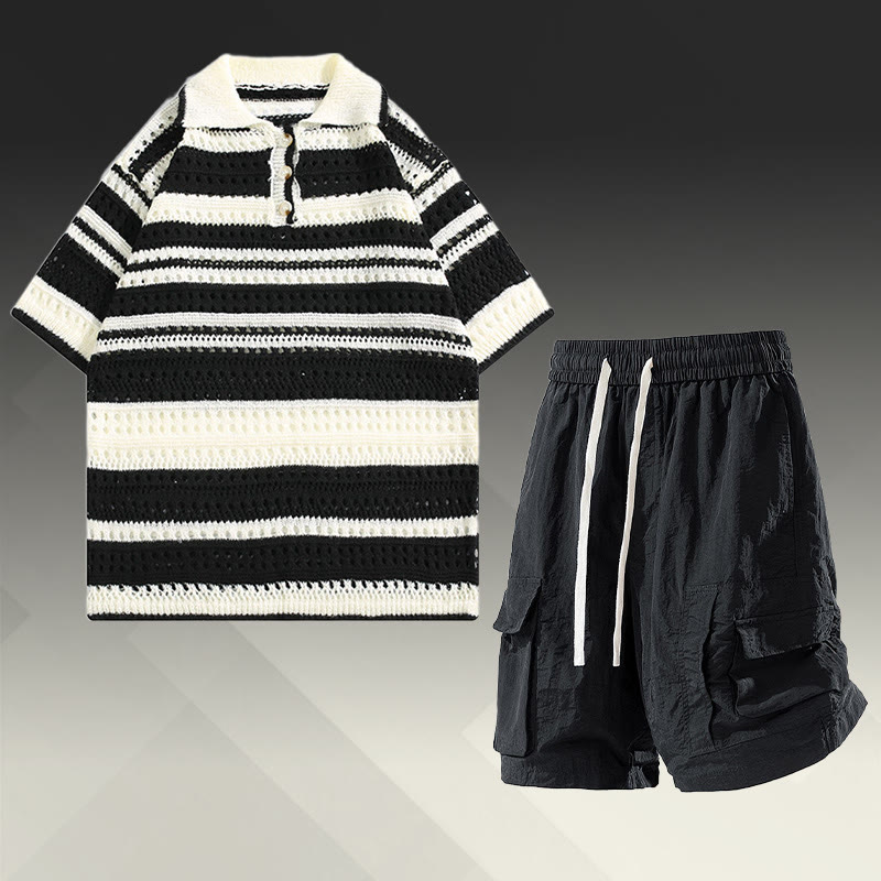 Gestreiftes Poloshirt aus offenem Strick, schnelltrocknende Cargoshorts mit Kordelzug, passendes Outfit von Modakawa - Two Pieces Set A - 2XL - image 1