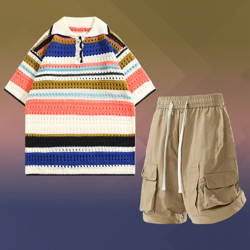 Gestreiftes Poloshirt aus offenem Strick, schnelltrocknende Cargoshorts mit Kordelzug, passendes Outfit von Modakawa - Two Pieces Set D - 2XL - image 4