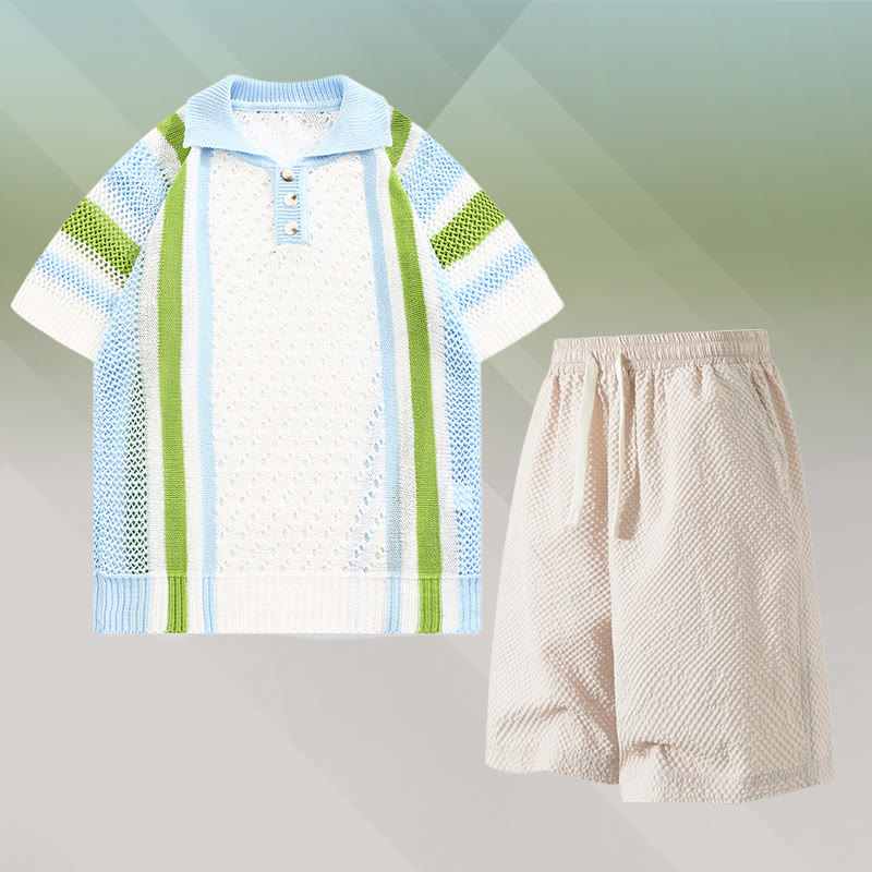 Gestreiftes Poloshirt aus offenem Strick, strukturierte Shorts mit Kordelzug, passendes Outfit von Modakawa - Two Pieces Set B - 3XL - image 2