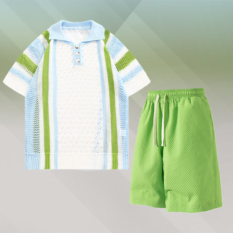 Gestreiftes Poloshirt aus offenem Strick, strukturierte Shorts mit Kordelzug, passendes Outfit von Modakawa - Two Pieces Set A - 3XL - image 1