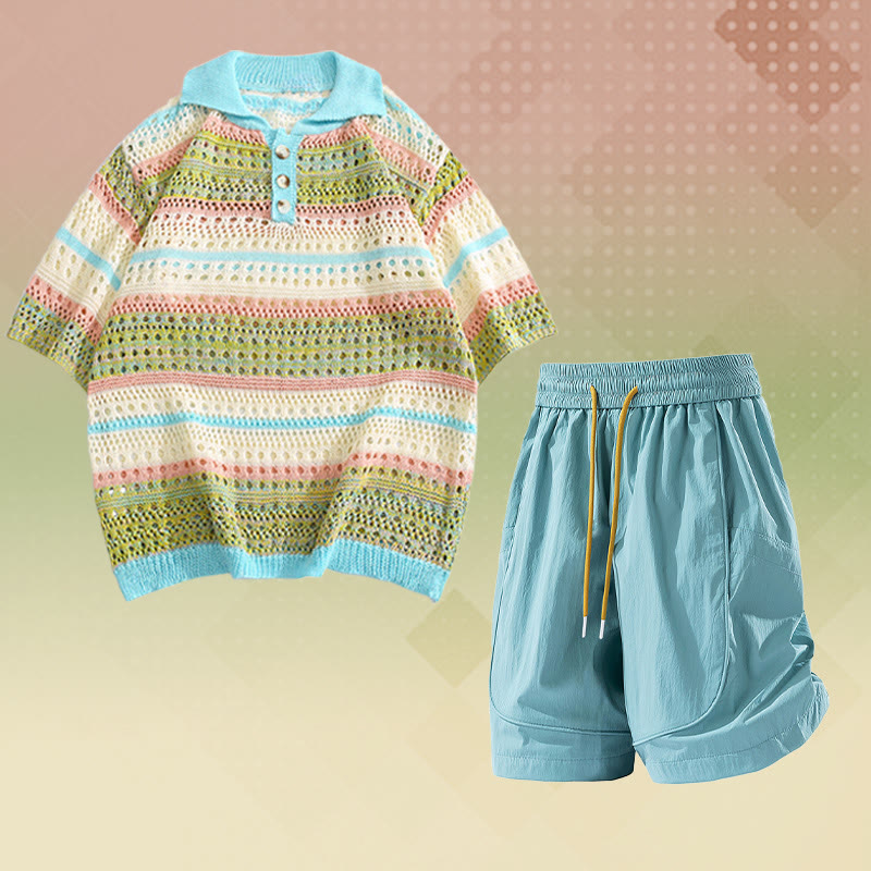 Gestreiftes Poloshirt aus offenem Strick, schnelltrocknende Shorts mit Kordelzug, passendes Outfit von Modakawa - Two Pieces Set B - 2XL - image 2
