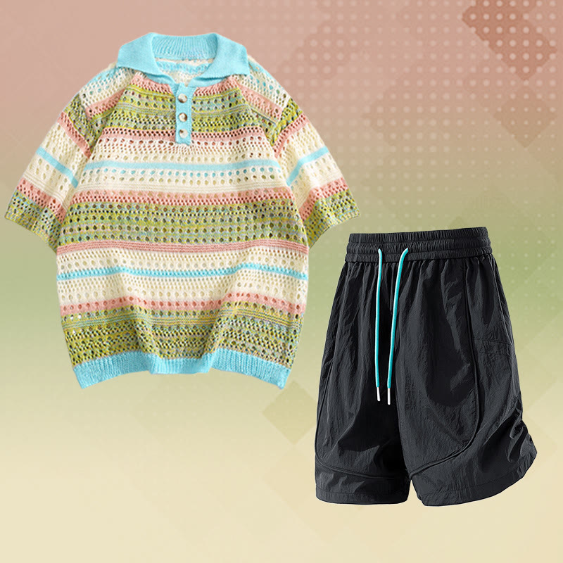 Gestreiftes Poloshirt aus offenem Strick, schnelltrocknende Shorts mit Kordelzug, passendes Outfit von Modakawa - Two Pieces Set A - 2XL - image 1