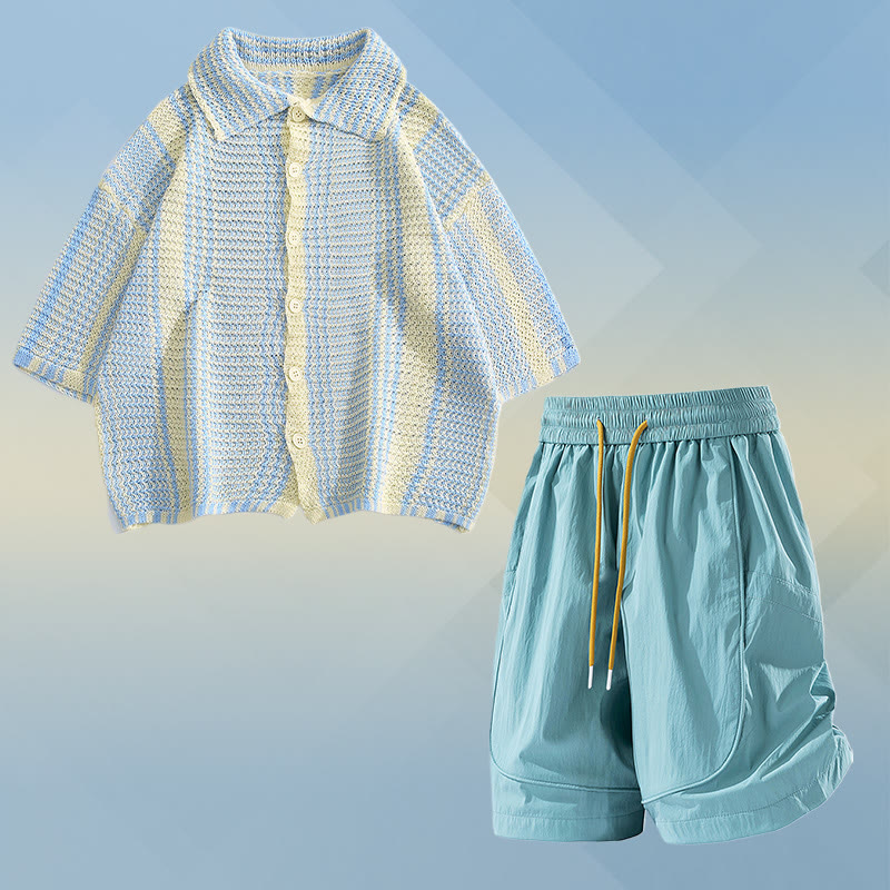 Gestreiftes Strickpoloshirt, schnelltrocknende Shorts mit Kordelzug, passendes Modakawa-Outfit - Two Pieces Set D - 2XL - image 4