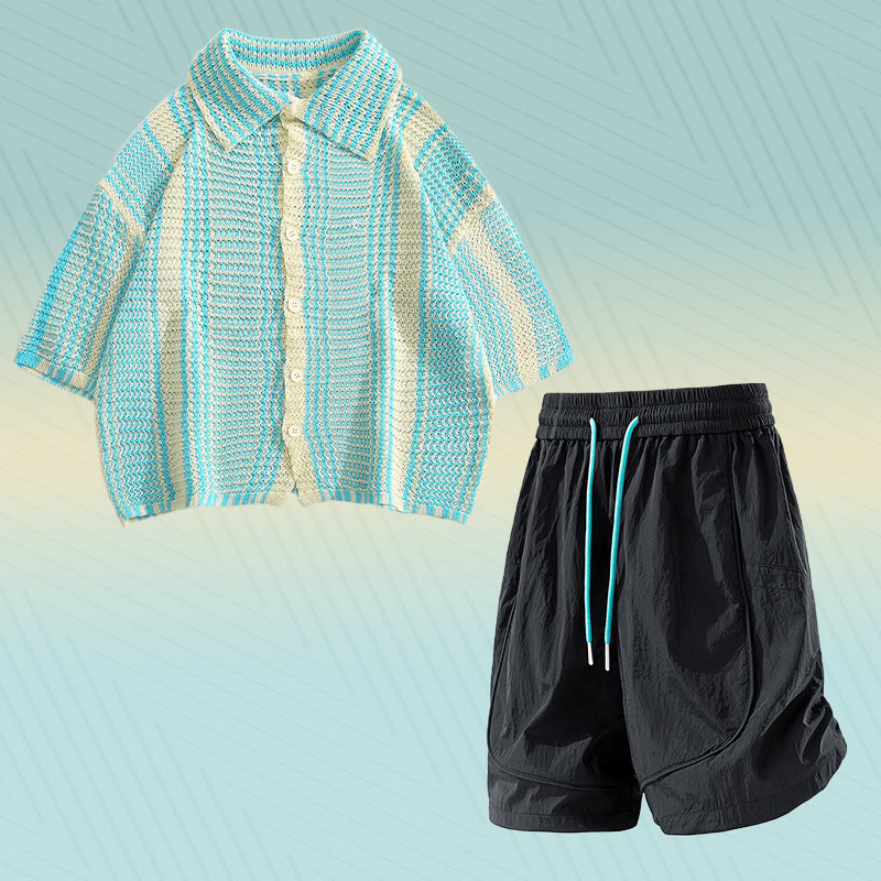 Gestreiftes Strickpoloshirt, schnelltrocknende Shorts mit Kordelzug, passendes Modakawa-Outfit - Two Pieces Set C - 2XL - image 3