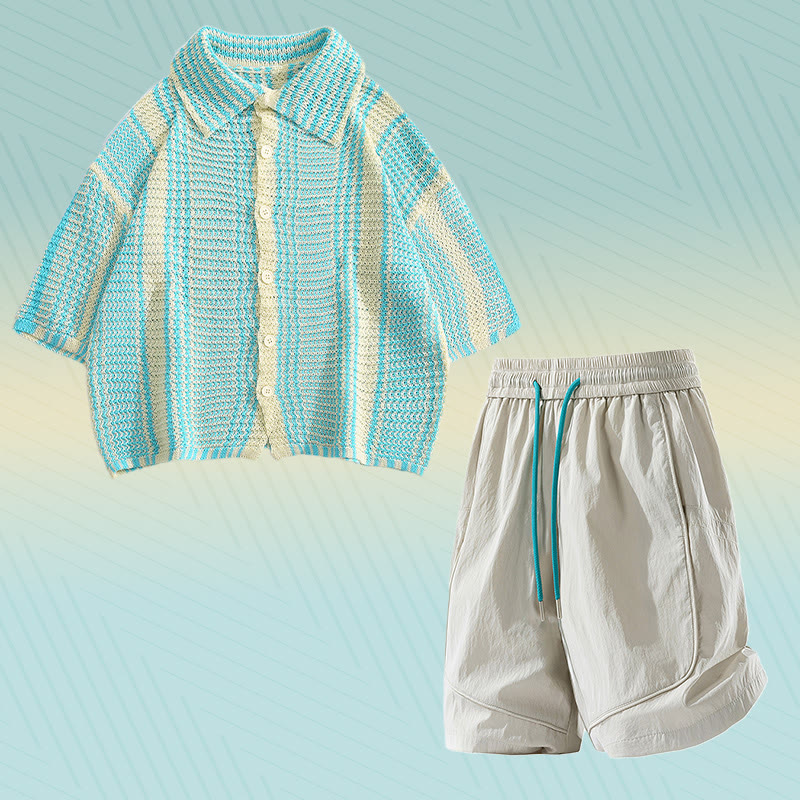 Gestreiftes Strickpoloshirt, schnelltrocknende Shorts mit Kordelzug, passendes Modakawa-Outfit - Two Pieces Set  B - 2XL - image 2