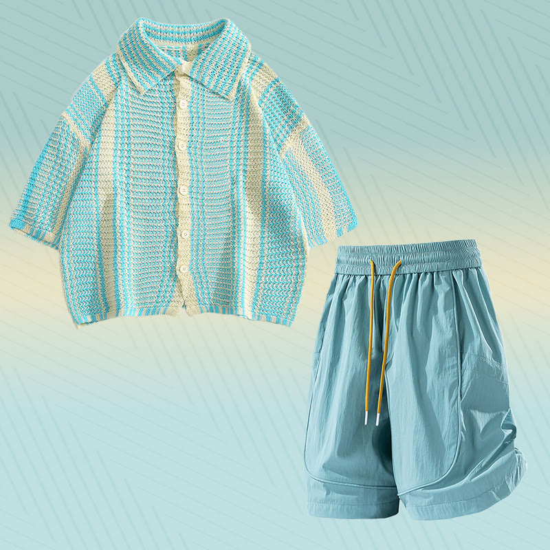 Gestreiftes Strickpoloshirt, schnelltrocknende Shorts mit Kordelzug, passendes Modakawa-Outfit - Two Pieces Set A - 2XL - image 1