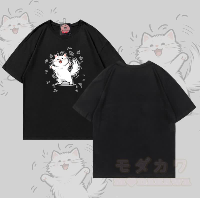 Modakawa T-Shirt mit fröhlichem Katzenmotiv aus 100 % Baumwolle - Schwarz - 5XL - image 2