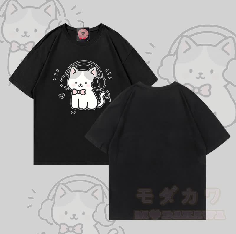 Modakawa T-Shirt mit Musikkatzen-Motiv aus 100 % Baumwolle - Schwarz - 5XL - image 2