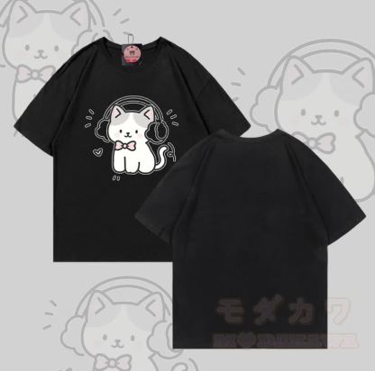 Modakawa T-Shirt mit Musikkatzen-Motiv aus 100 % Baumwolle - Schwarz - 5XL - image 2