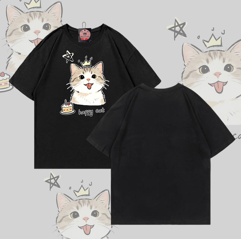 Modakawa T-Shirt mit HAPPY Katzenkuchen-Motiv, 100 % Baumwolle - Black - 5XL - image 1