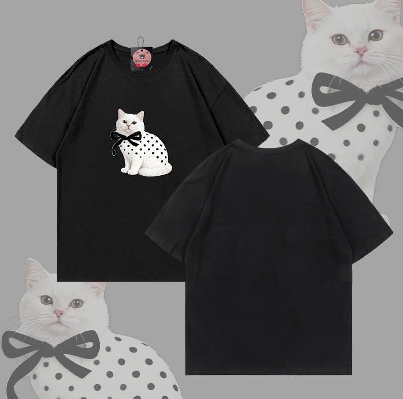 Modakawa T-Shirt aus 100 % Baumwolle mit Katzenmotiv und Polka-Dots - Black - 5XL - image 1
