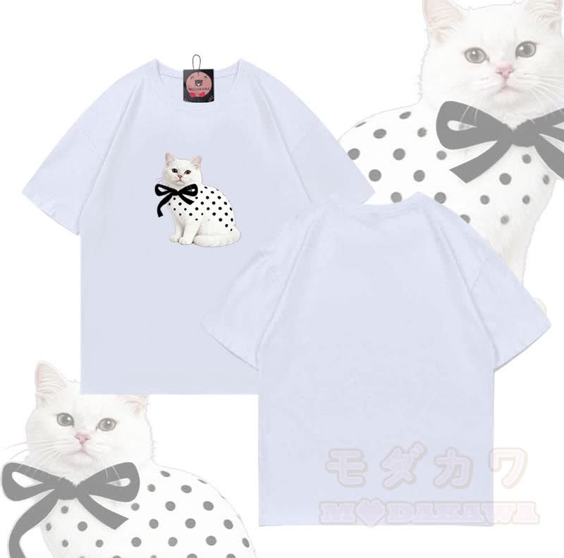 Modakawa T-Shirt aus 100 % Baumwolle mit Katzenmotiv und Polka-Dots - Weiß - 5XL - image 3