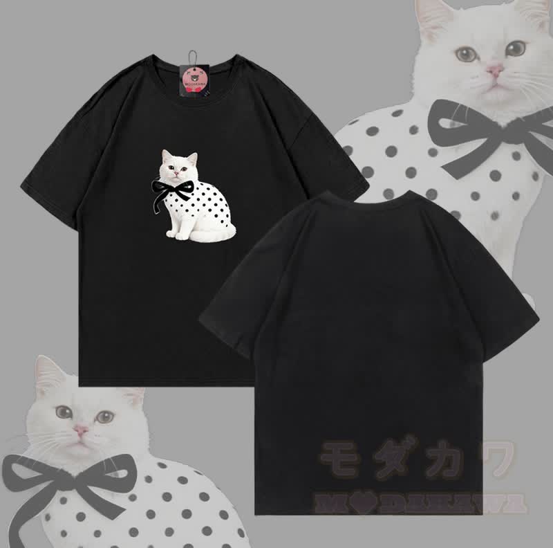 Modakawa T-Shirt aus 100 % Baumwolle mit Katzenmotiv und Polka-Dots - Schwarz - 5XL - image 1