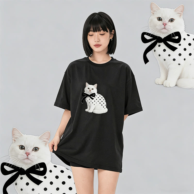 Modakawa T-Shirt aus 100 % Baumwolle mit Katzenmotiv und Polka-Dots - image 2
