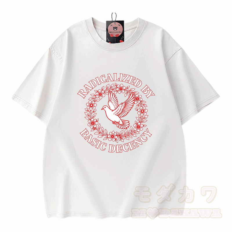 RADIKALISIERT DURCH GRUNDLEGENDE ANSTÄNDIGKEIT Taubengrafik Modakawa Vintage Washed 100% Baumwoll-T-Shirt - Weiß - 5XL - image 4