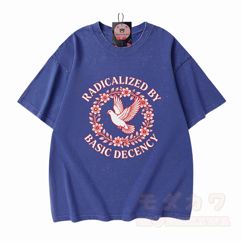 RADIKALISIERT DURCH GRUNDLEGENDE ANSTÄNDIGKEIT Taubengrafik Modakawa Vintage Washed 100% Baumwoll-T-Shirt - Blau - 5XL - image 5