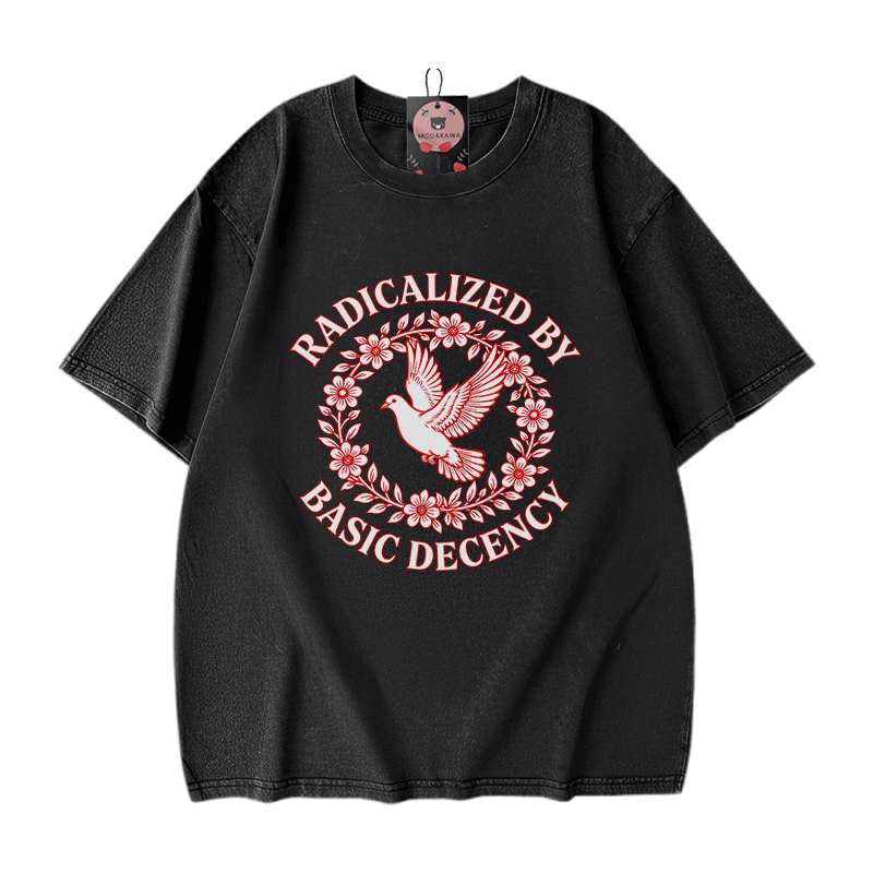 RADIKALISIERT DURCH GRUNDLEGENDE ANSTÄNDIGKEIT Taubengrafik Modakawa Vintage Washed 100% Baumwoll-T-Shirt - Black - 5XL - image 3