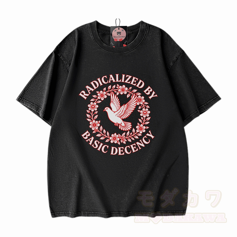 RADIKALISIERT DURCH GRUNDLEGENDE ANSTÄNDIGKEIT Taubengrafik Modakawa Vintage Washed 100% Baumwoll-T-Shirt - Schwarz - 5XL - image 3
