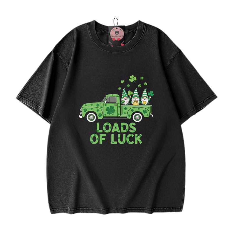 St. Pakrit's Day Lucky LOADS OF LUCK Graphic Modakawa Vintage Washed 100% Cotton T-Shirt - Black - 5XL - image 1