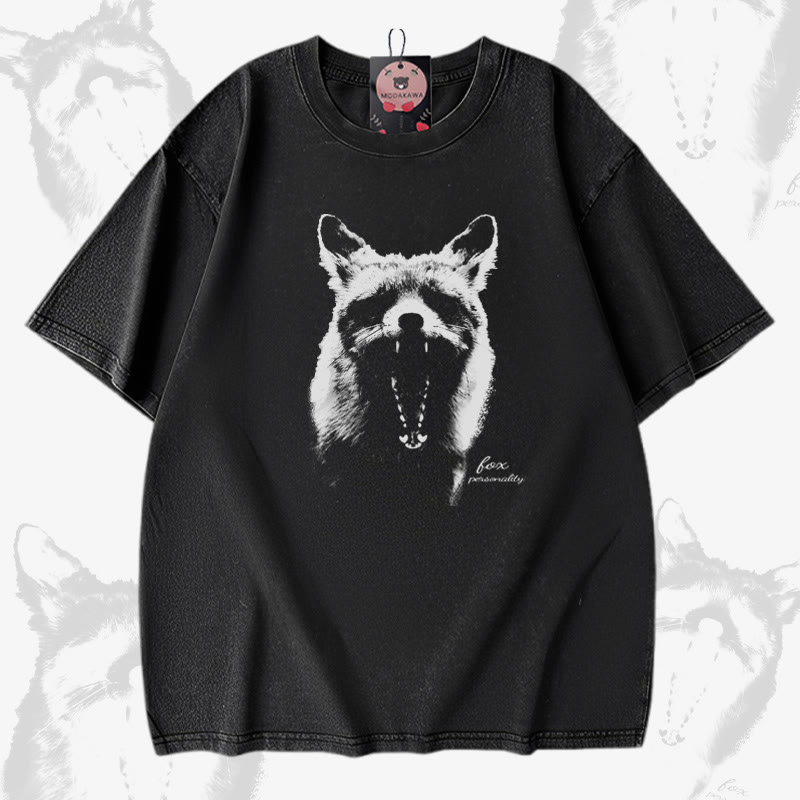 Modakawa Unisex Vintage Washed T-Shirt mit Roaring Fox Grafik - Black - 5XL - image 1