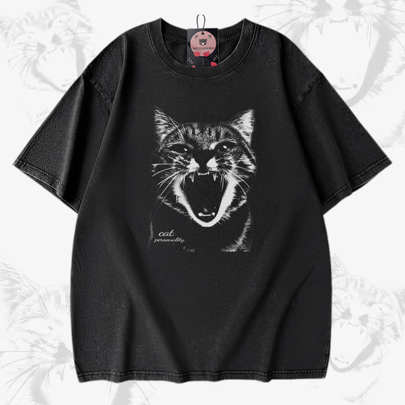 Modakawa Unisex Vintage T-Shirt mit schreiender Katze (Modakawa-Motiv) - Black - 5XL - image 1