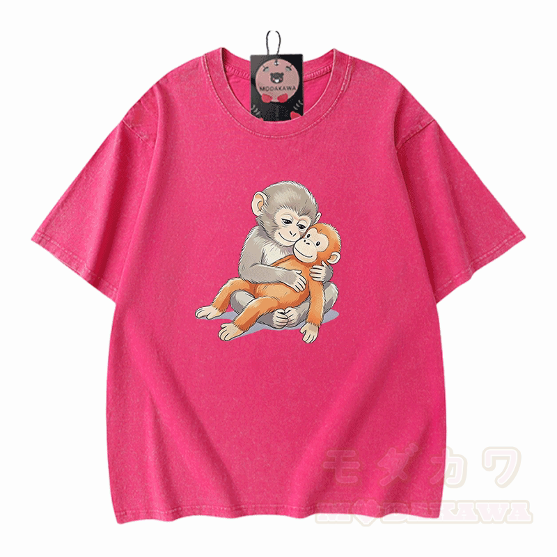 PUNCH Monkey Doll Grafik Modakawa Vintage gewaschenes T-Shirt aus 100% Baumwolle - Rosenrot - 5XL - image 5