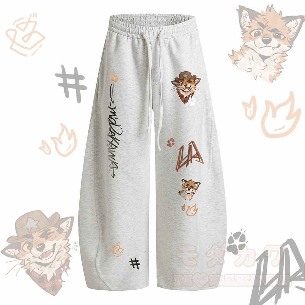 MODAKAWA X atka Lustige Fuchs-Grafik Weite Bein Kordelzughose - Grau - 2XL - image 1