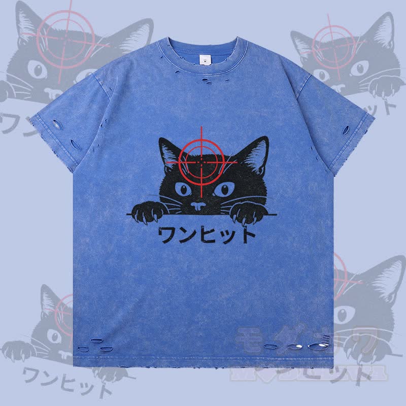 Lustiges Modakawa T-Shirt mit schwarzer Katzengrafik und Rissen - Blau - 2XL - image 2
