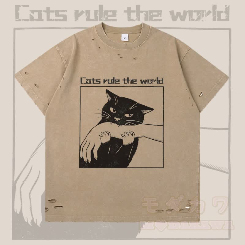Katzen regieren die Welt – Modakawa T-Shirt mit schwarzer Katzengrafik und Rissen - Braun - 2XL - image 1
