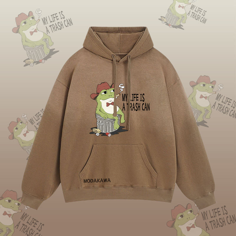 Mein Leben ist ein Mülleimer – Streetwear-Hoodie mit Raucherfrosch-Grafik und Farbverlauf - Brown - 2XL - image 3