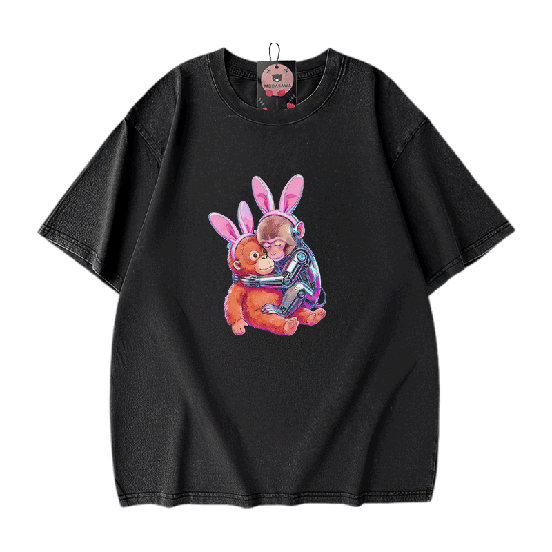 Modakawa Vintage T-Shirt mit Cyber-Affen-Motiv, gewaschen aus 100 % Baumwolle - Black - 5XL - image 2