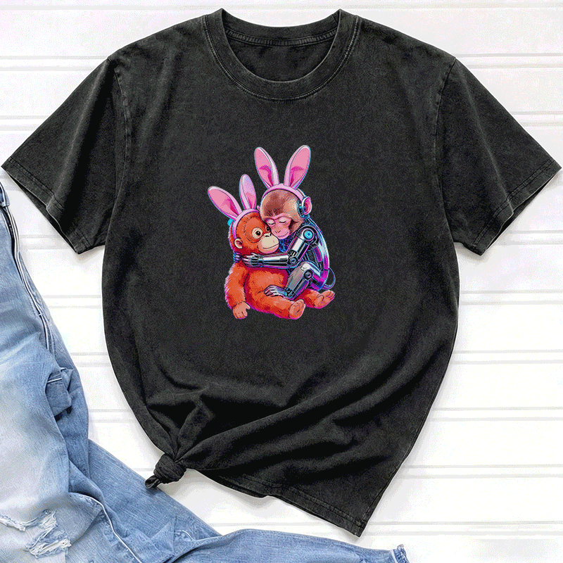 Modakawa Vintage T-Shirt mit Cyber-Affen-Motiv, gewaschen aus 100 % Baumwolle - image 1