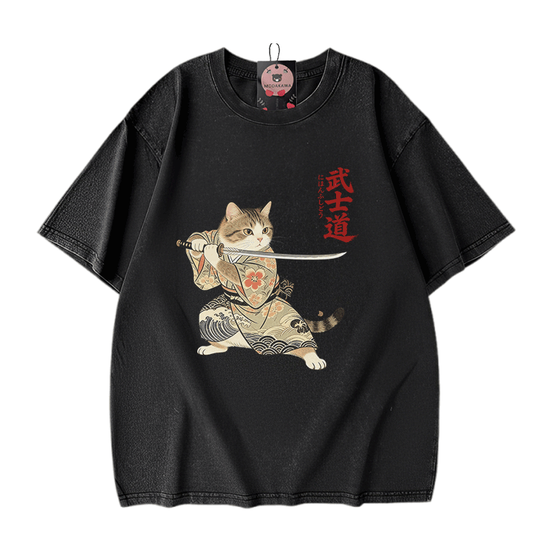 Samurai-Katzen-Grafik Modakawa Vintage gewaschenes T-Shirt aus 100 % Baumwolle - Black - 5XL - image 1