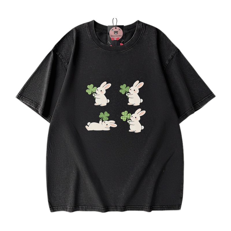 Modakawa Vintage T-Shirt aus 100 % Baumwolle mit St. Patrick's Day-Hasenmotiv (Vintage-Waschung) - Black - 5XL - image 1
