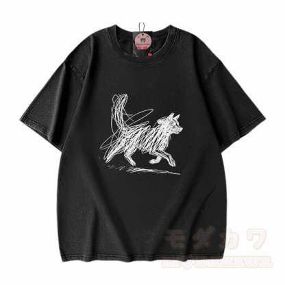 Modakawa Vintage T-Shirt mit Welpenmotiv, gewaschen aus 100 % Baumwolle - Schwarz - 5XL - image 2